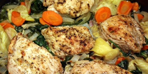 One-Pot Roasted Chicken with Spinach and Artichokes