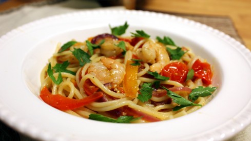 Drunken Shrimp with Spaghetti and Peppers