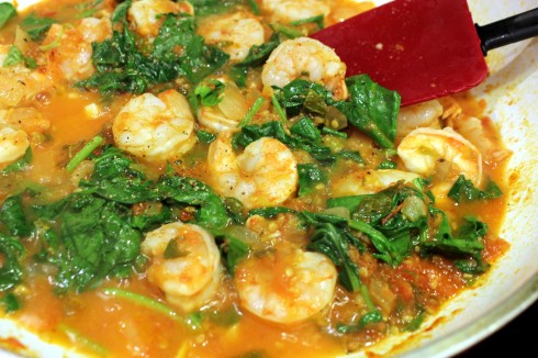Shrimp and Spinach Added to Sauce