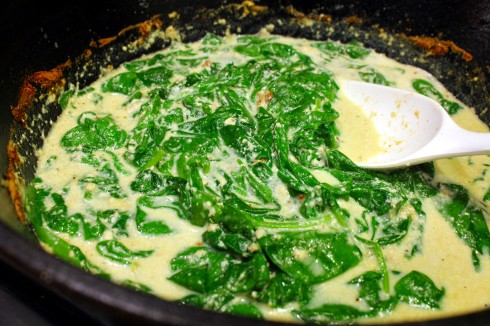 Simmering the Sauce and Wilting the Spinach