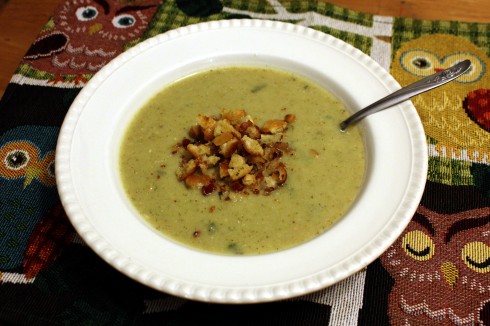 Potato Leek and Broccoli Soup with Pancetta Bread Crumbs
